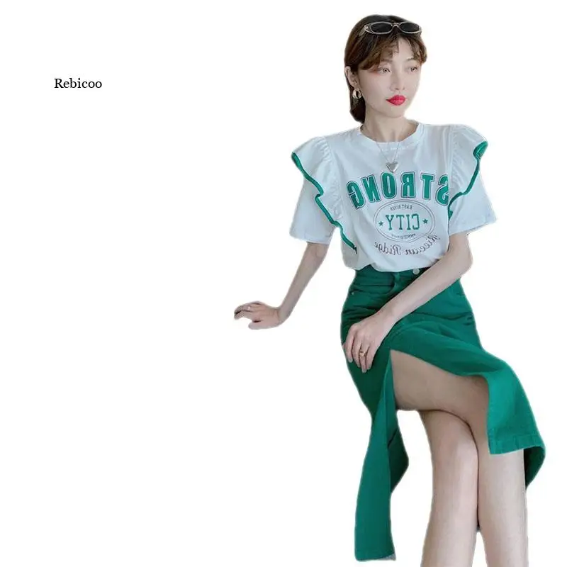 

2022 New Lady Short-Sleeved Printed T-Shirt Green High Waist Slit Skirt Two-Piece Suit Women's Summer