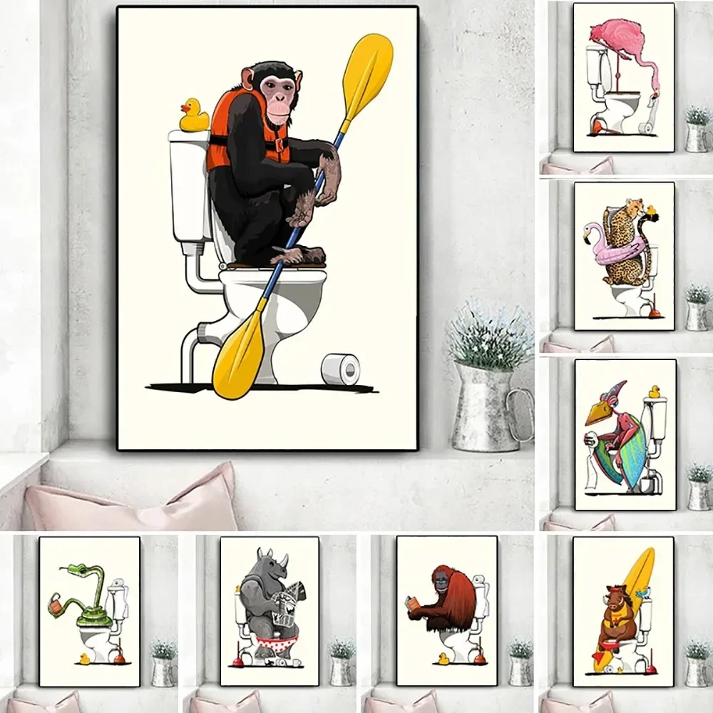 Home Wall Decor Print Tiger Snake Bear Chimpanzee Iguana Black Panther On The Toile Funny Retro Canvas Painting For Bathroom
