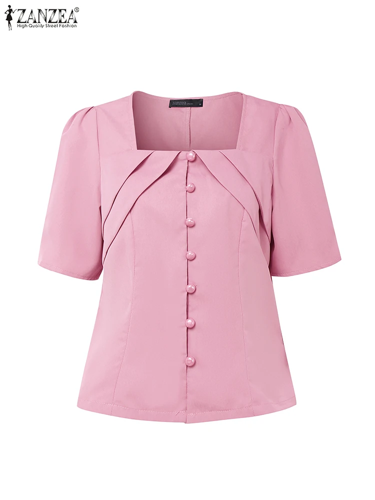 

ZANZEA 2022, элегантные офисные рубашки, летняя блузка с квадратным вырезом, женские топы с короткими пышными рукавами, однотонная облегающая туника на пуговицах, Blusas