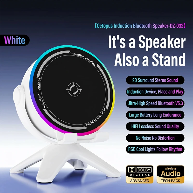 Wireless Induction Sound Box 5in1 Bluetooth Speakers with RGB Light 360° Rotation Phone Stand Desktop Speaker for iPhone,Android