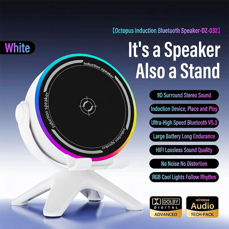  Wireless Induction Sound Box 5in1 Bluetooth Speakers with RGB Light 360° Rotation Phone Stand Desktop Speaker for iPhone,Android 