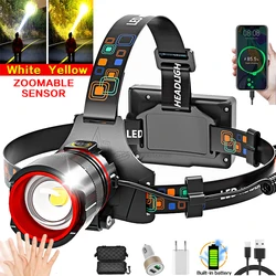 Powerful LED Sensor Headlamp Zoomable USB C Rechargeable Headlight White Yellow Fishing Light Long Range 18650 Head Flashlight