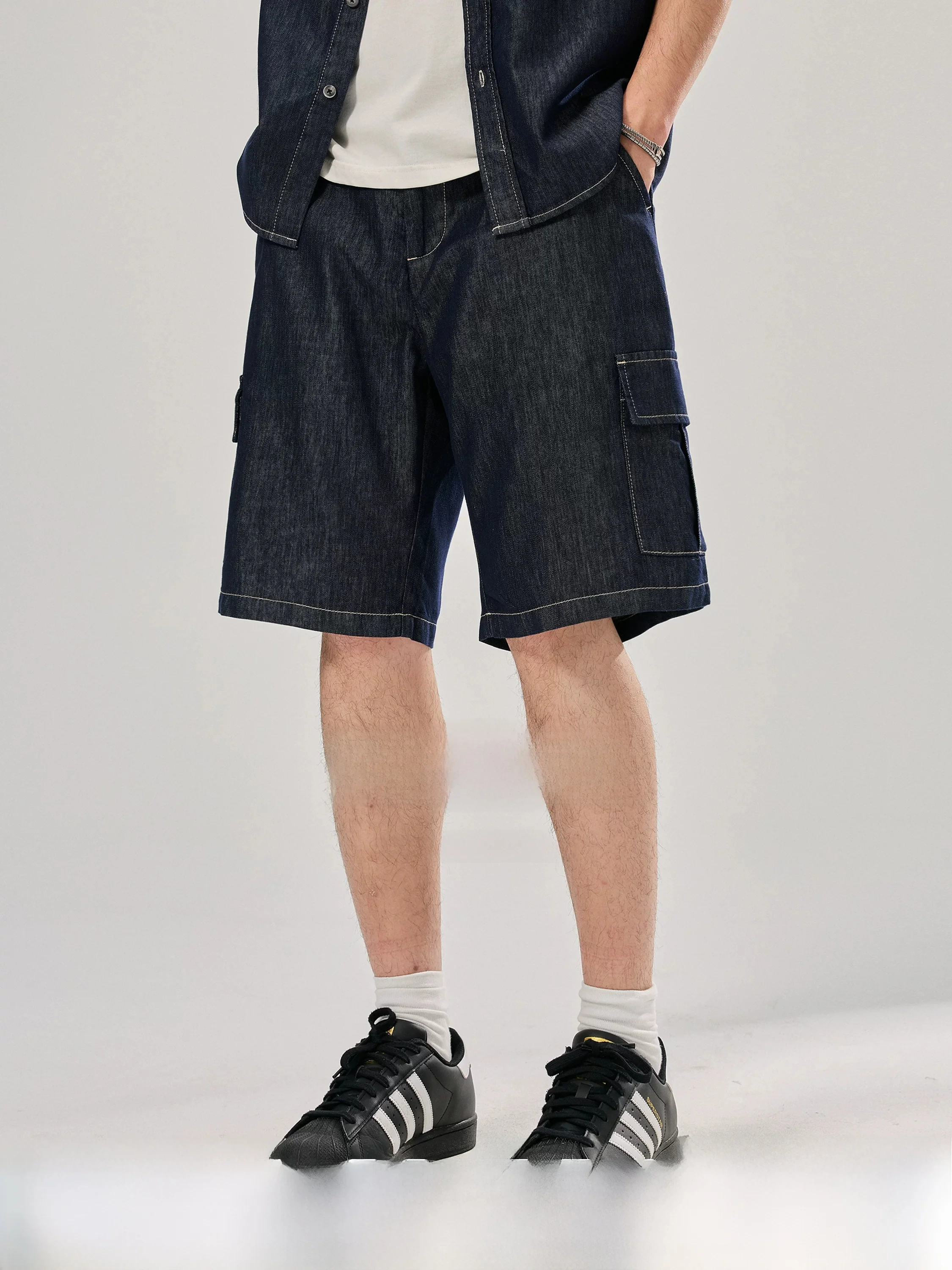Men's Summer Denim Workwear Shorts Trendy Brand Multi-Pocket Loose Straight Cut Versatile Five-Quarter Mid-Pants