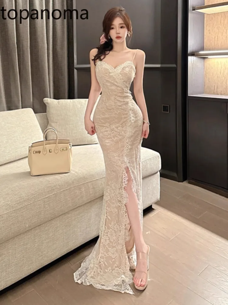 Topanoma Wedding Party Evening Dresses Women Sexy Sleeveless Split Lace V Neck Banquet Cocktail Dress Birthday Backless Elegant