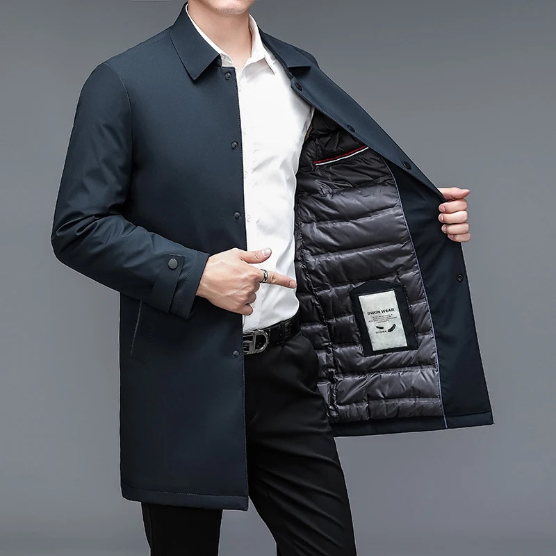 

Men Winter Casual Business Long Coat Notched Lapel Lightweight Warm Jacket Filled 90% White Duck Down Multi-Functional Outerwear