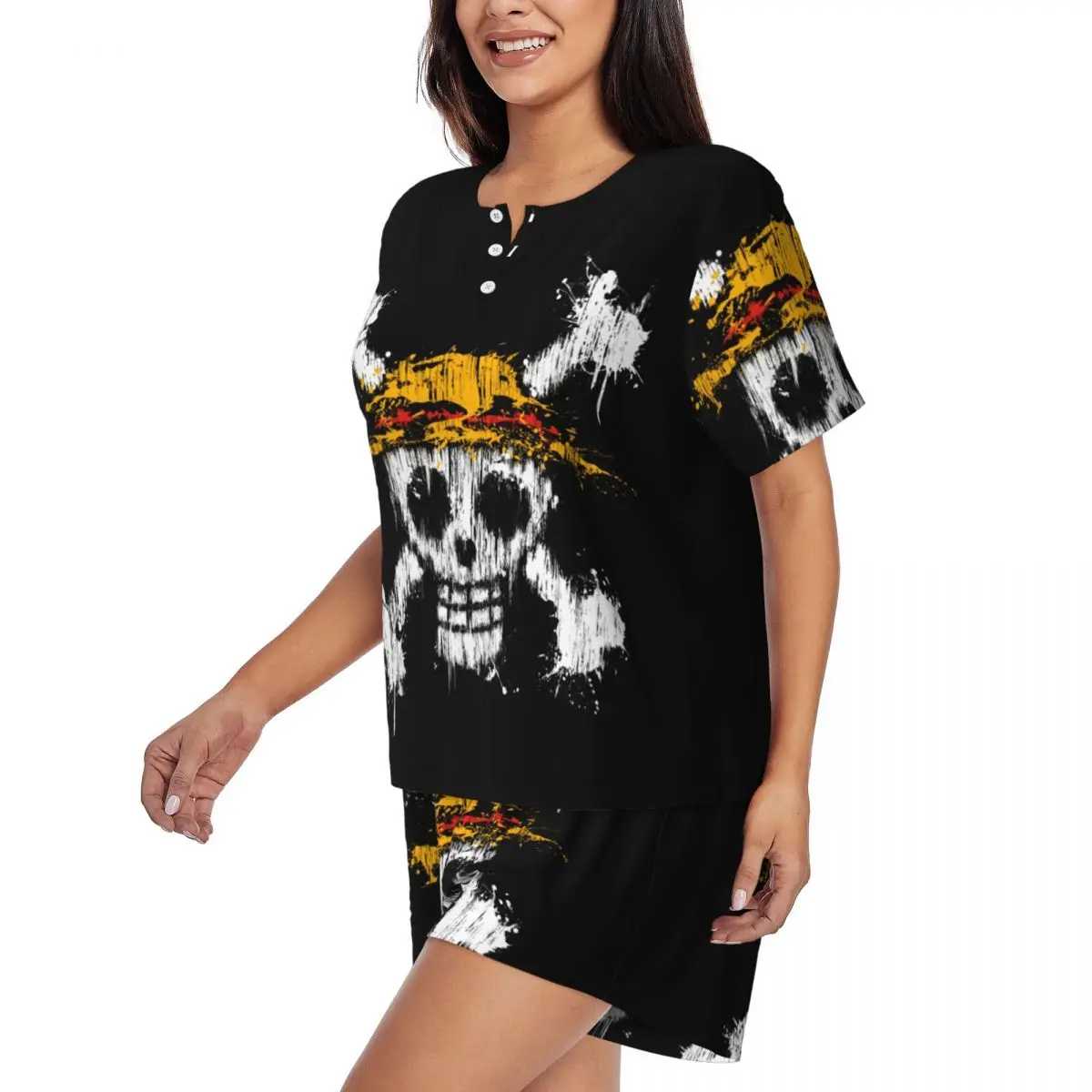 Custom Print Women\'s One Pieces Team Luffy Pajamas Set Short Sleeve Straw Hat Pirates Skull 2 Piece Sleepwear Pj Lounge Sets