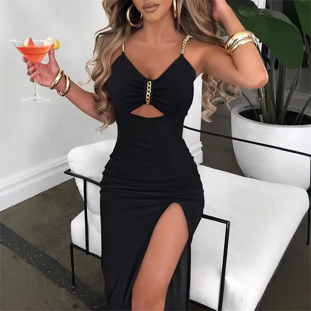 

Fashion Split Chain Hollow Hip Wrap Sleeveless V-neck Women's Dress 2025