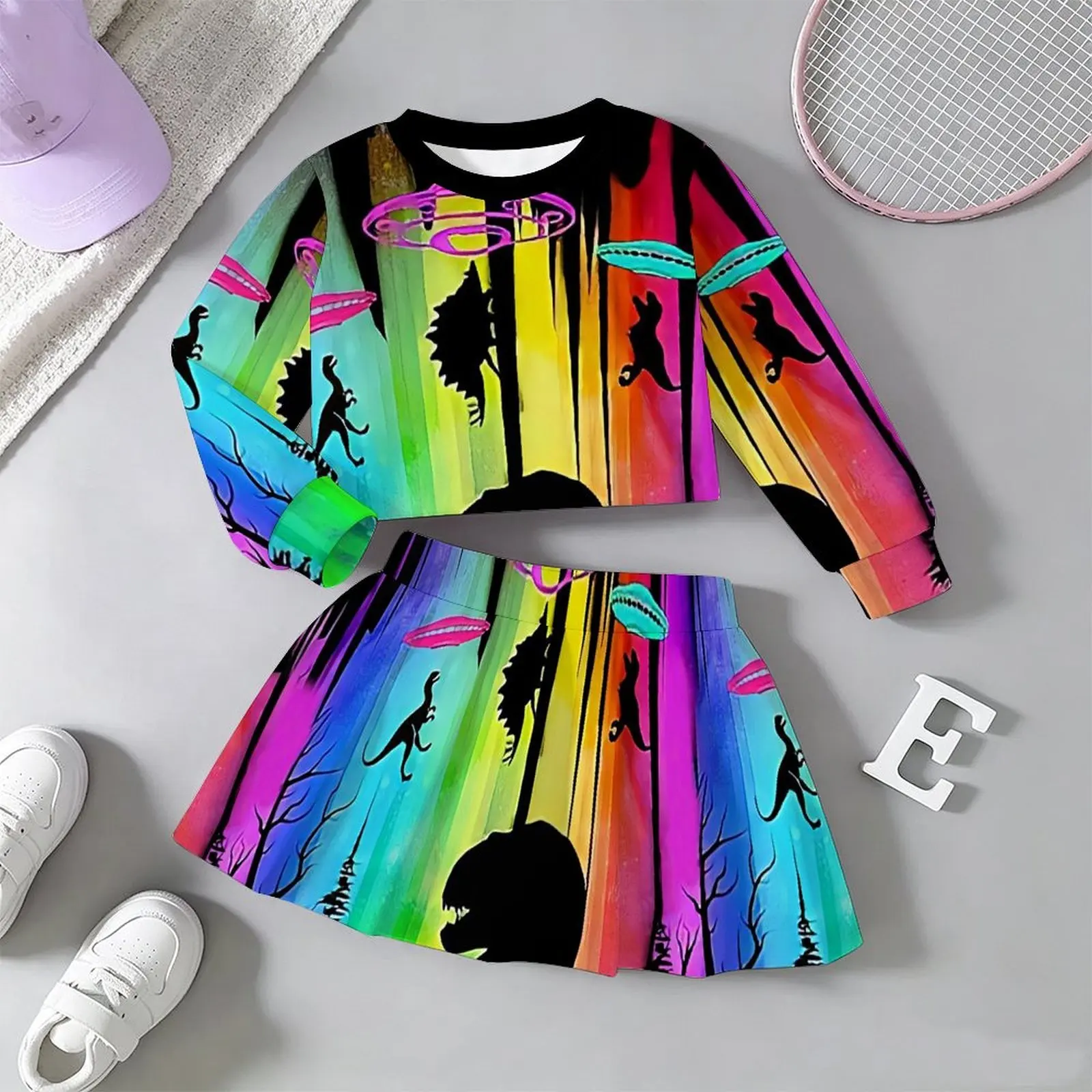 Girls Cute Two Piece  Long Sleeve Print Top Sweet Princess Style Skirt Soft Skin-friendly  Daily Vacation Vacation Kids Outfit