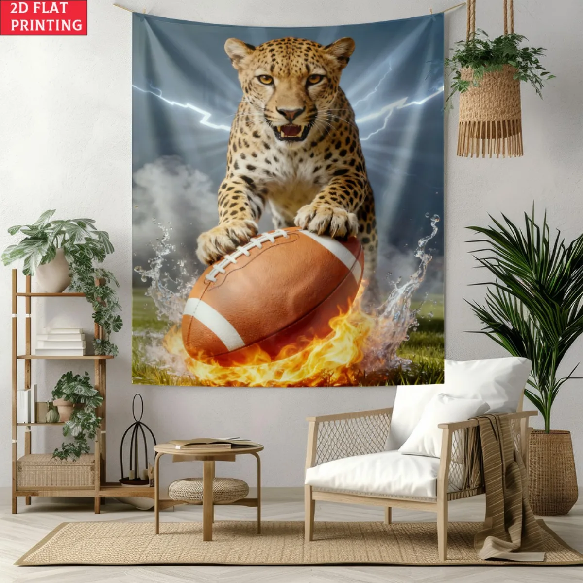Cool Jaguar Playing Football Tapestry, Wild Cat with Flaming Rugby Ball Wall Hanging, Sports Room Decor suitable offices party