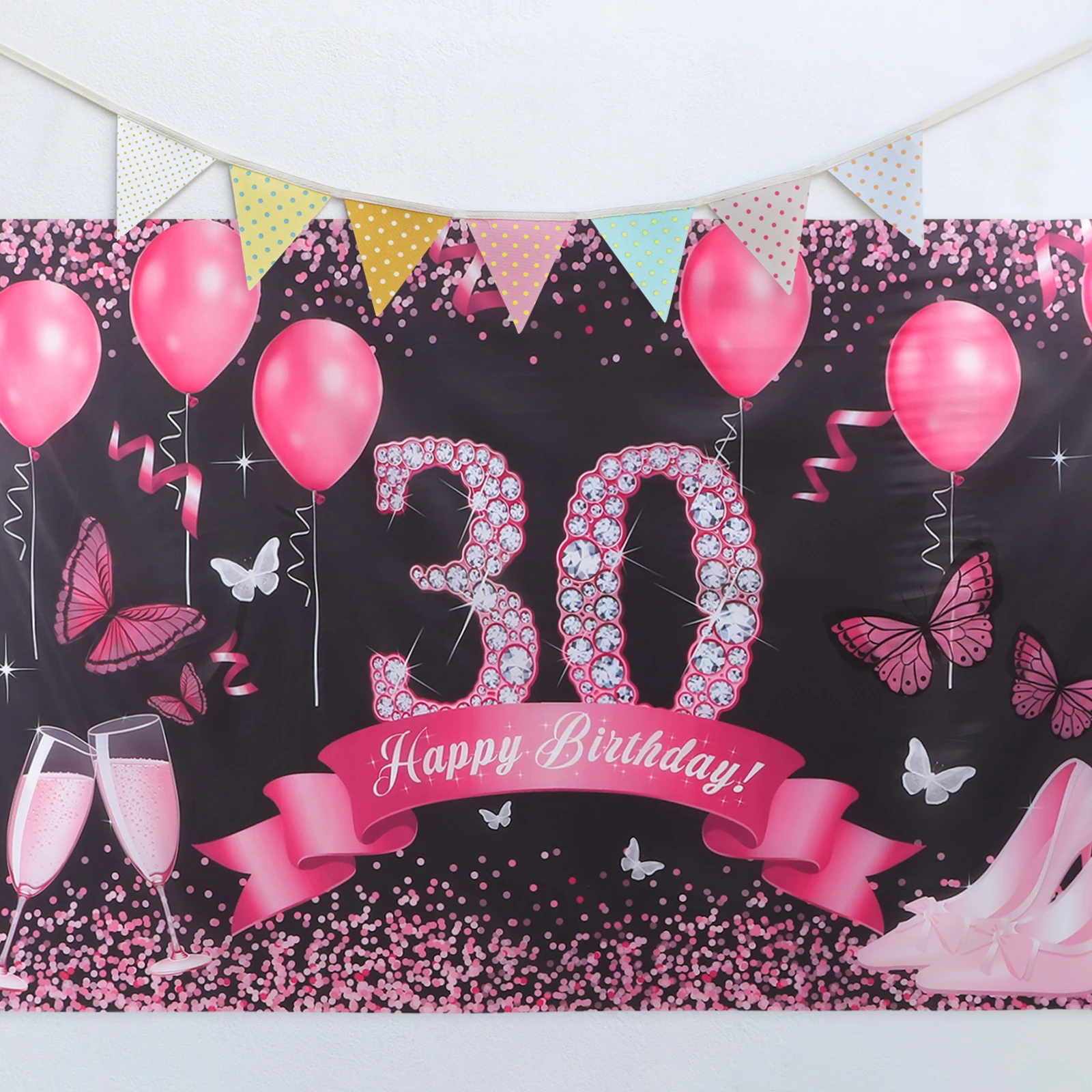 

Happy Birthday Banner Decorative Pink Backdrop Background Commemorate Polyester Backdrops
