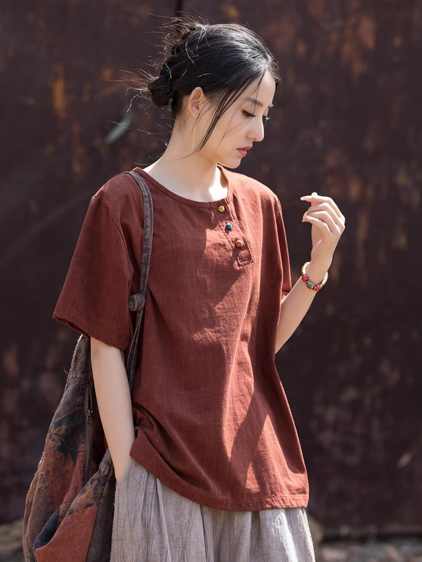 

Women's Cotton Linen Short Sleeve T-shirt Knitted Print Vintage Style Chinese Modified Button up Top for Commuting And Traveling