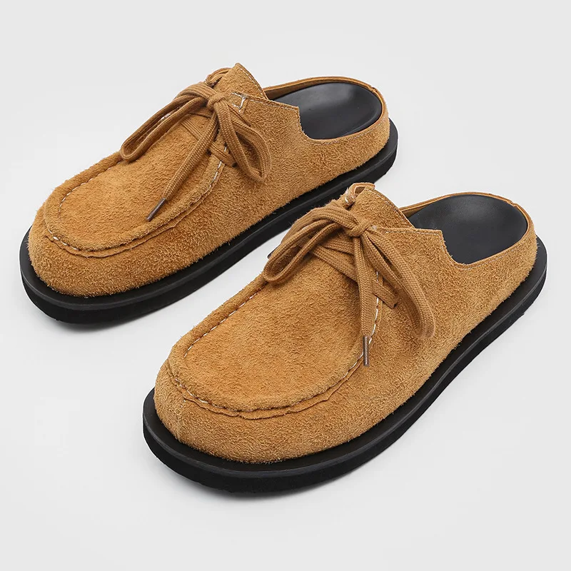 

lace-up Leather baotou slippers men's half slippers spring and summer new wear soft bottom thick bottom lazy slippers