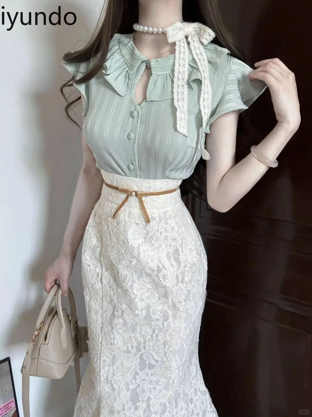 2025 Summer Women's Set French Vintage Ruffled Sleeves Blouse & High Waist Hip-Hugger Lace Mermaid Skirt Elegant Boho Outfit
