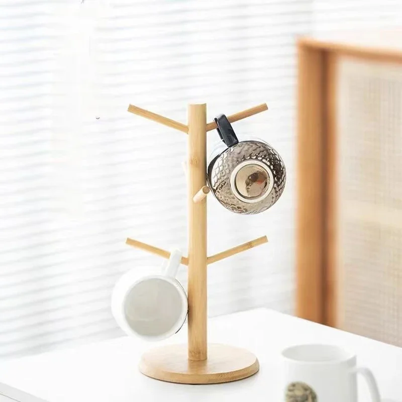 1Pcs Bamboo Mug Hanging Display Rack Drinkware Shelf With 6 Hooks Tree Shape Wood Coffee Tea Cup Storage Holder Stand