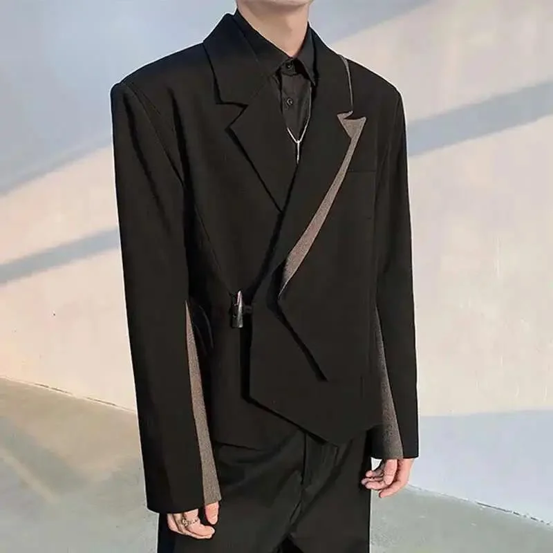 

Men Short Suit Jacket Deconstructive Design Doublelayer Collar Male Horn Button Blazer New Trendy Men's Clothing 9W74JG
