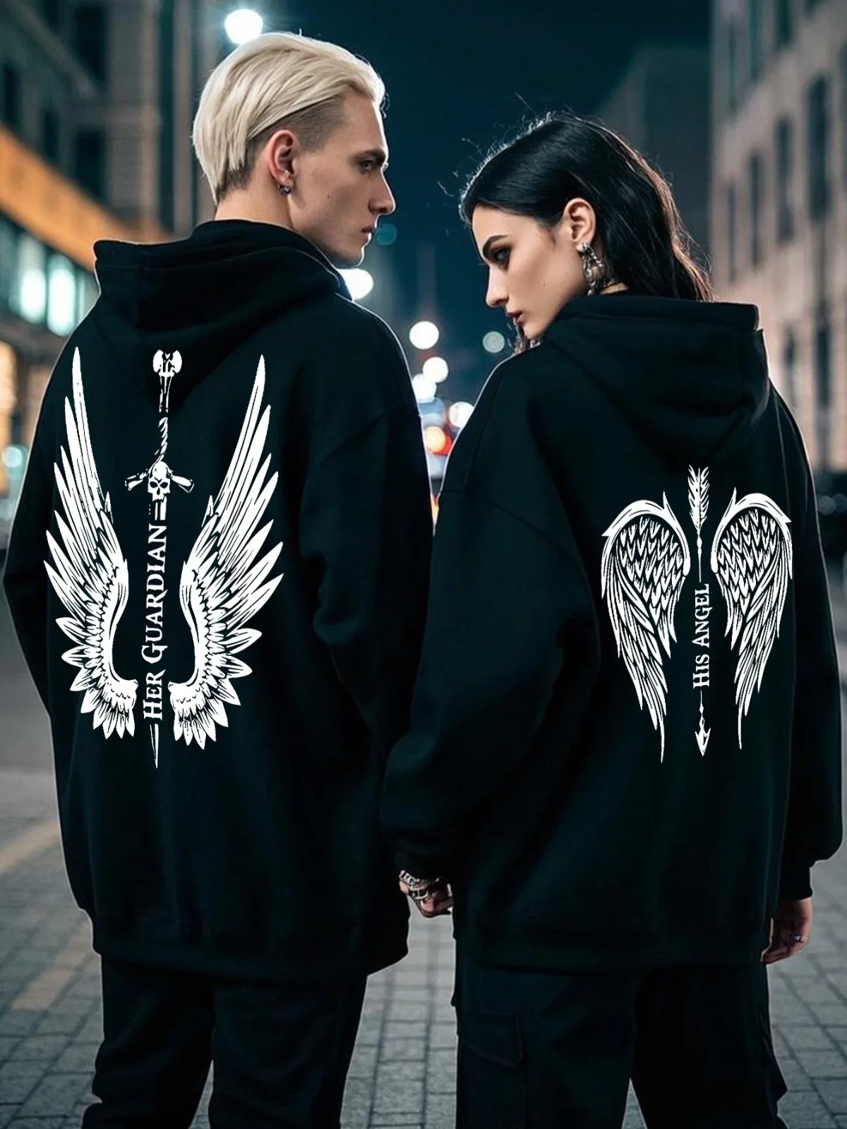 1PC [Couple Style] Casual Fashion HER GOUARDIAN Pattern Printed Matching Couple Hoodie Comfortable Loose Valentine's Day Gift