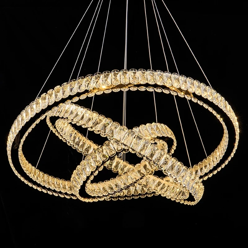 Modern LED Hanging Crystal Staircase Chandelier Luxury Gold Ring Cristal Lighting Fixtures Round Home Decor Indoor Creative Lamp