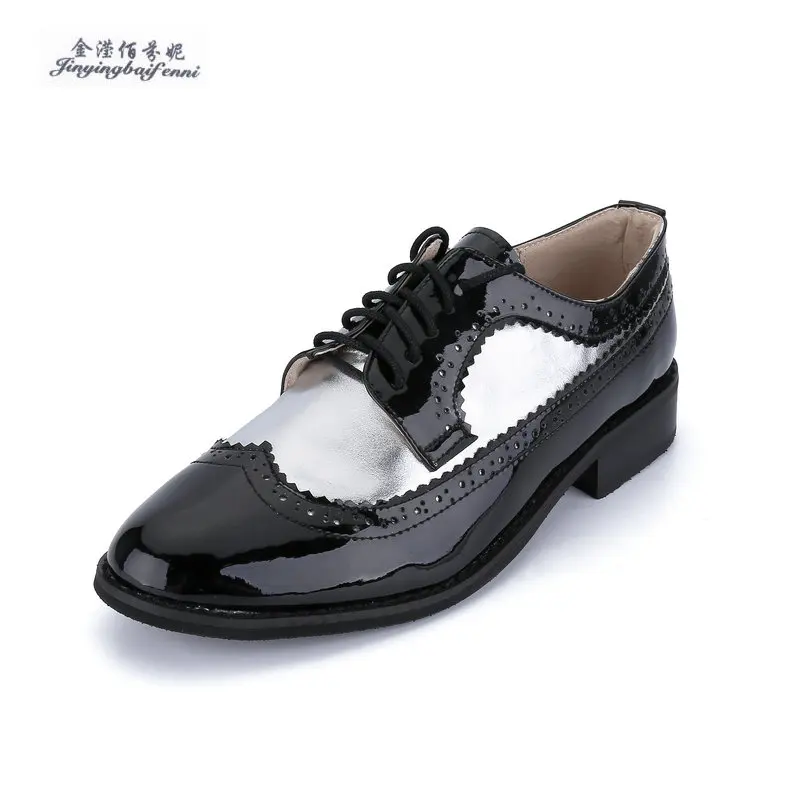 

Black Patent Leather Silver Genuine Leather Women's Shoes Custom Handmade Oxford Shoes Flat Heeled Women's Shoes Rapid Dispatch