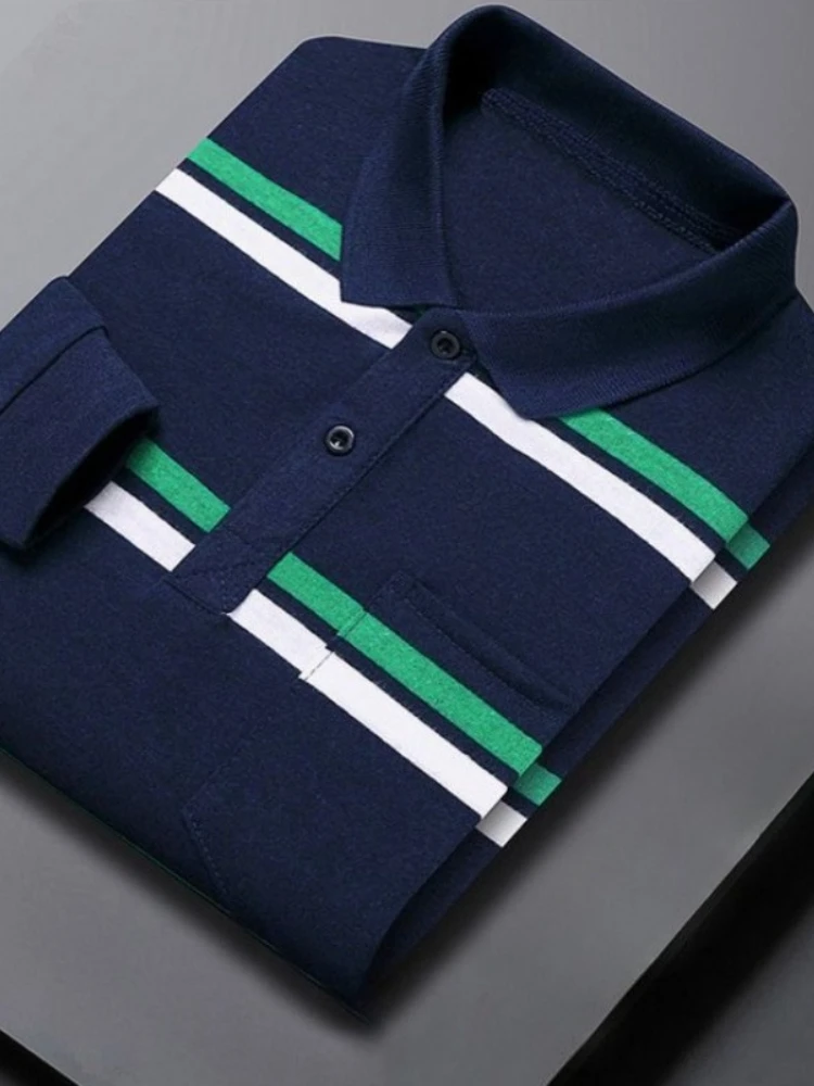 

Мужская рубашка-поло с длинным рукавом, весенне-осенняя, модная, с воротником-стойкой, повседневная, с нагрудным карманом, в полоску, больших размеров