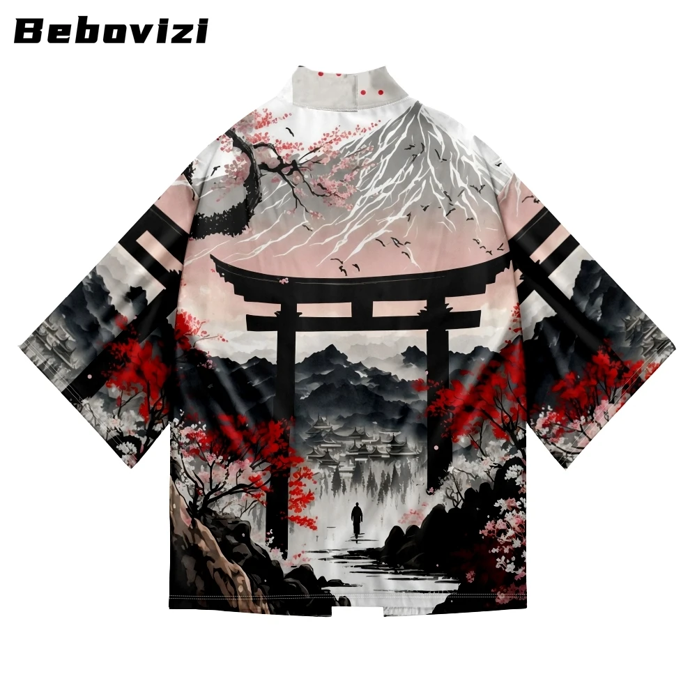 Bebovizi-Fushimi Inari Cardigã com estampa para homens e mulheres, Haori, Yukata solta, roupas asiáticas, quimono de praia Harajuku Japão, moda