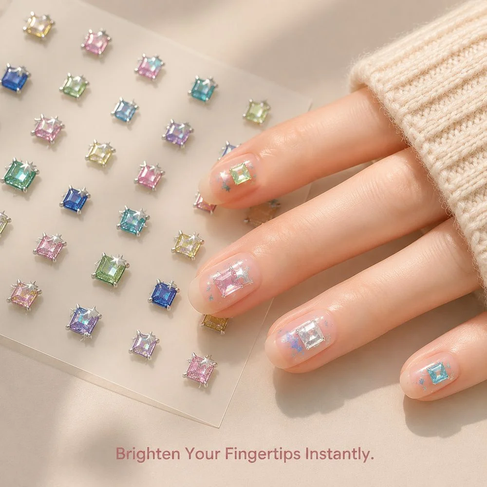 1Pc Shiny Imitation Diamond Nail Stickers Square Sugar Cube Laser Holographic Star 3D Decals For Fashion Nail Art Making