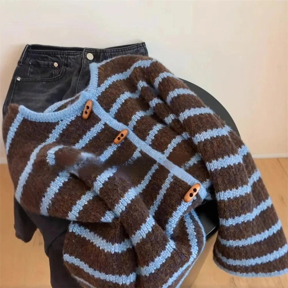 

Women's Autumn Winter New Style Retro Self-Keeping Color Block Stripe Button Cardigan Polo Collar Soft Thickened Knitted Sweater