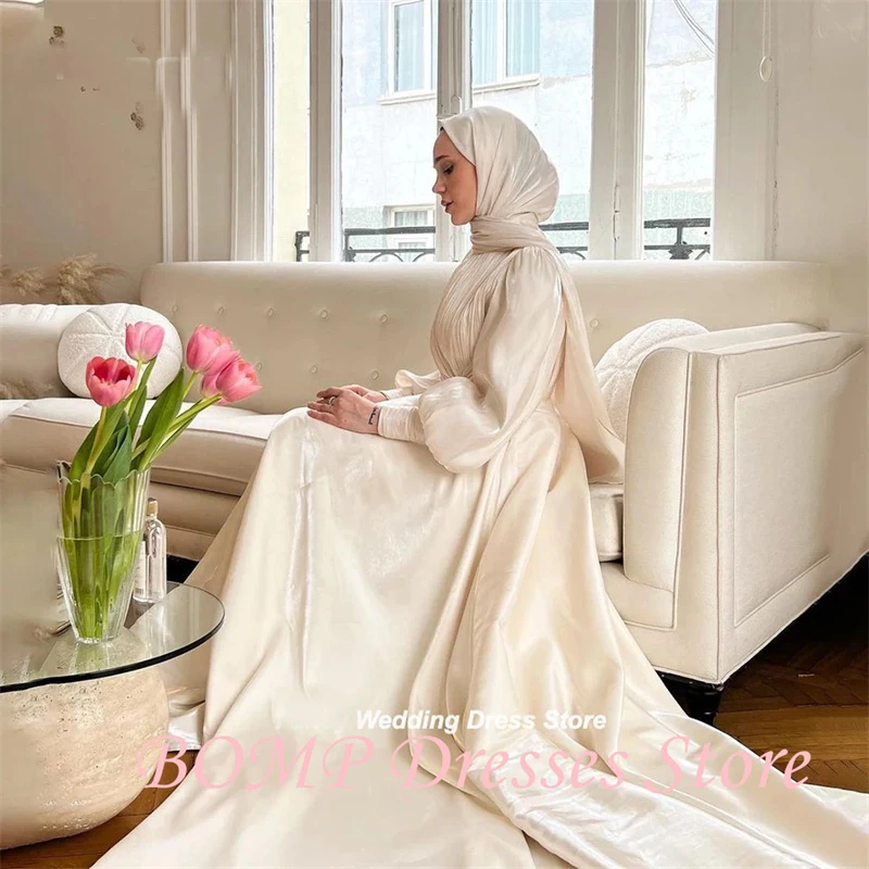 

BOMP Modest Muslim High Neck Evening Dress A Line Organza Prom Gown With Hijab For Saudi Arabia Women Dresses customized