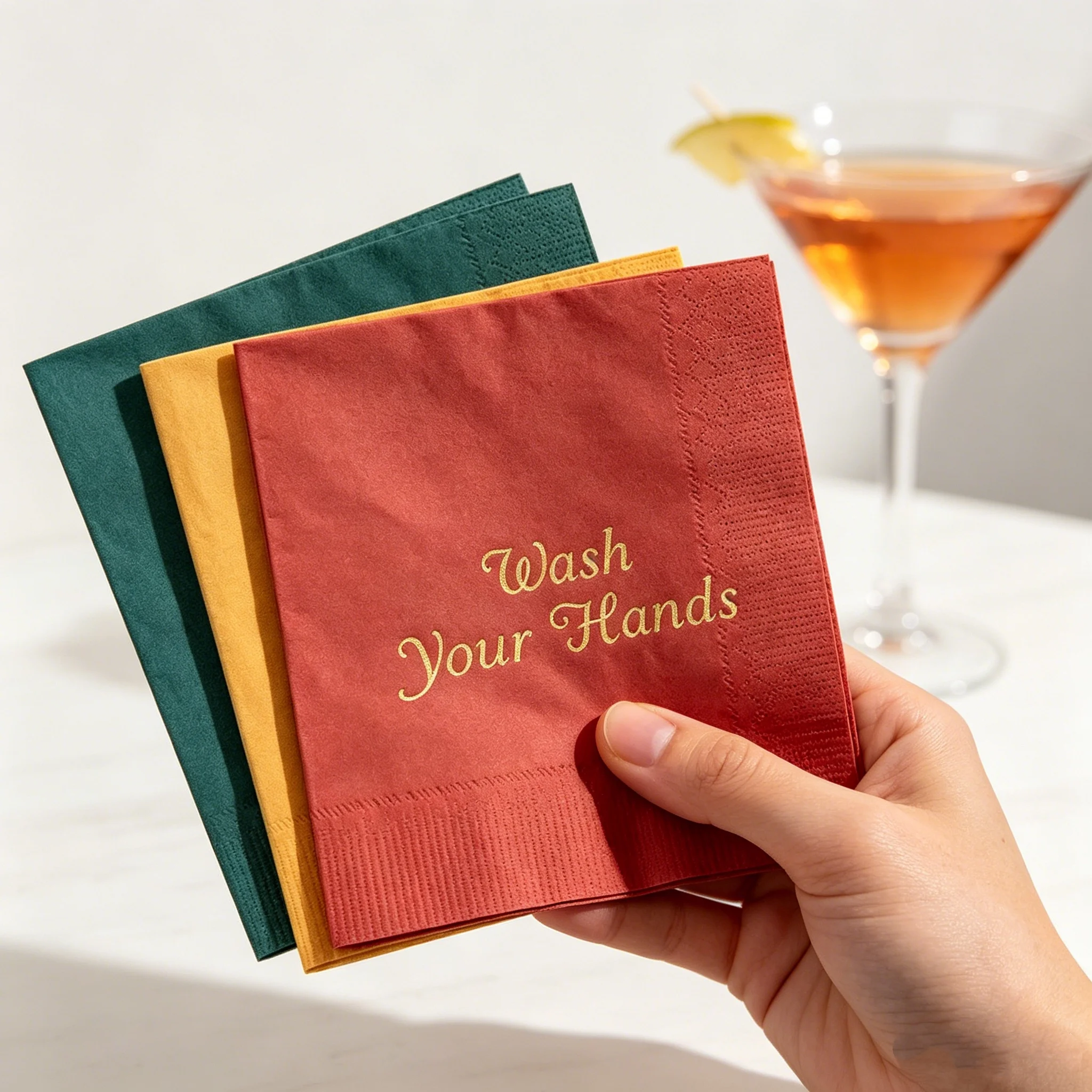 

50pcs Personalized White Guest Towels, Custom Gold Print "Wash Your Hands" Paper Napkins for Airbnb, Vacation Rental, Home & Off