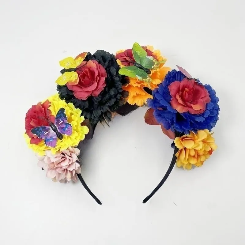 Mexican Flower Crown Headband Butterfly Floral Headband Costume Day of Dead Headpiece Flowers Headband for Girls