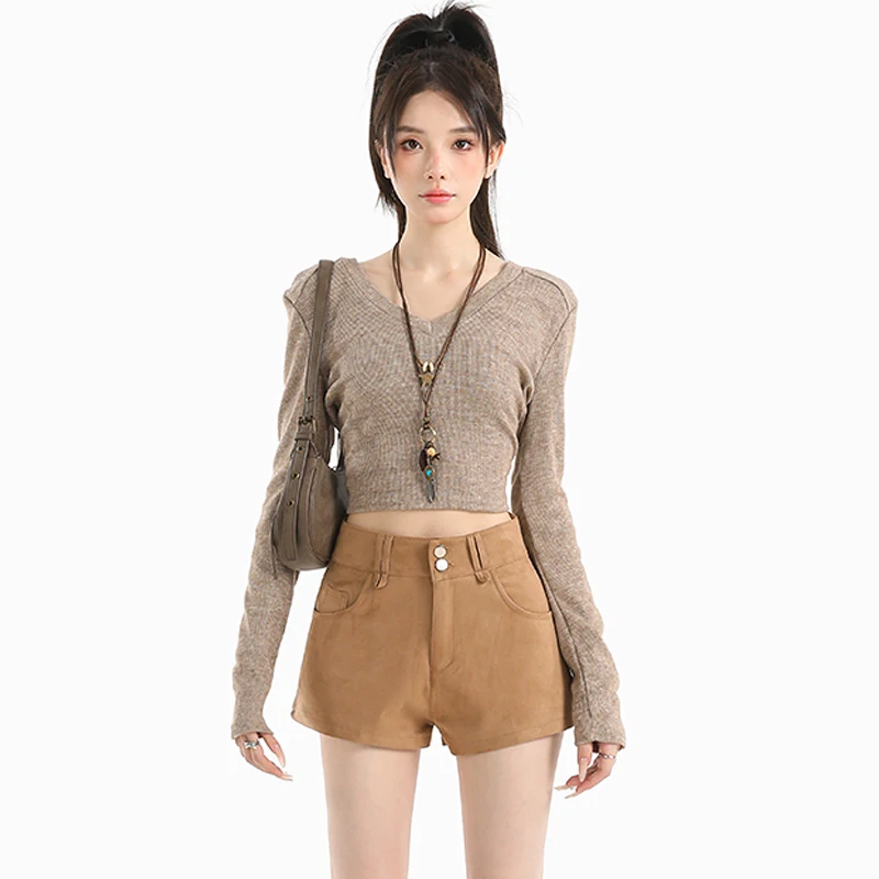 Neue 2025, Herbst Winter Feste Wildleder Shorts Alle-spiel Beiläufige Dünne A-linie Shorts Frauen Hohe Taille Femme Chic S-XL Damen Unten