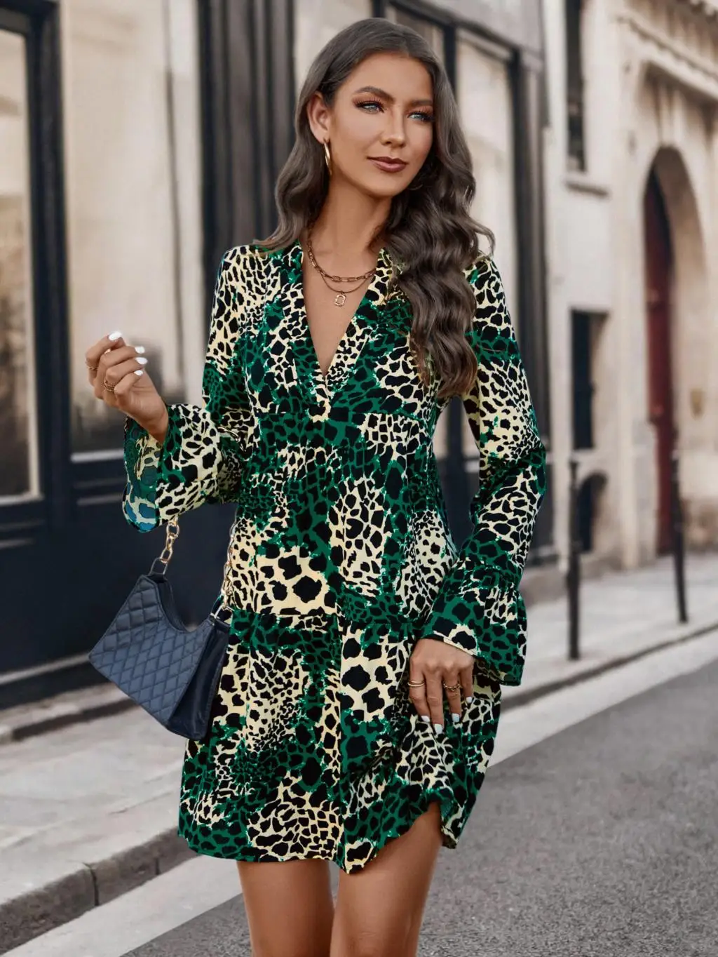 

2023 Autumn/Winter New Comfortable and Casual Women's Dress Elegant Elegant V-neck Spliced Print A-line Dress