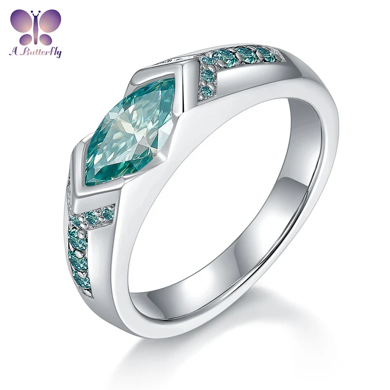 

AButterfly 925 Sterling Silver All Gemstones Are Blue-Green Moissanite Diamonds 1.0Ct Marquise Wedding Ring Fine Jewelry Unisex