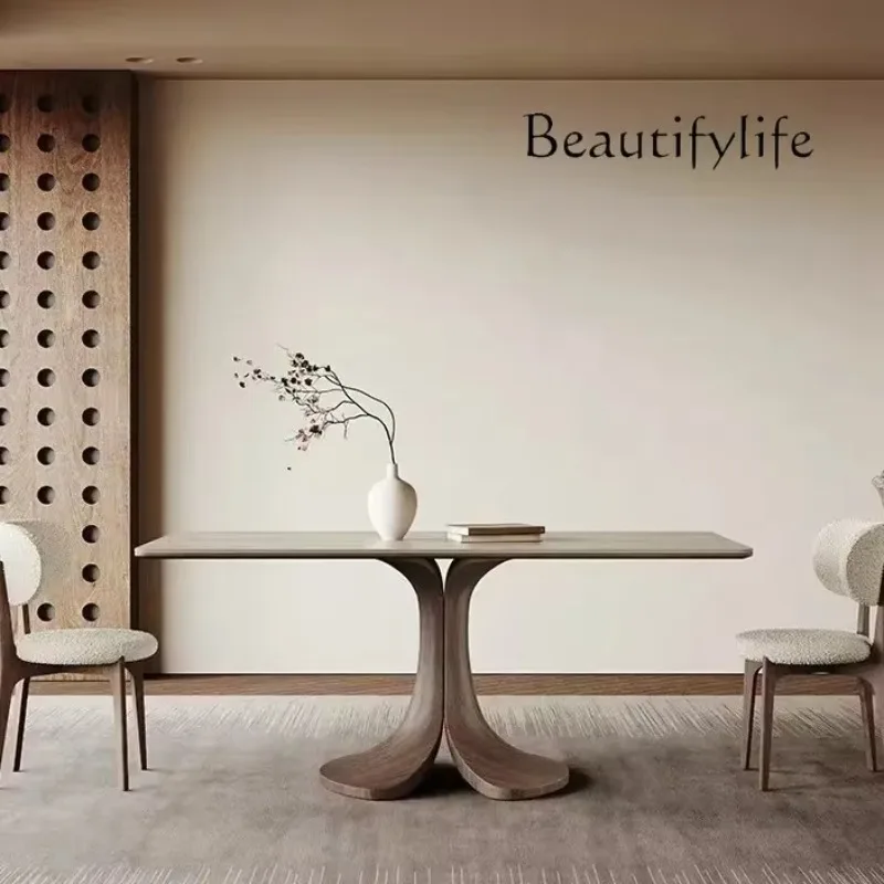 

N N Solid wood dining table rectangular simple walnut sticky leather full support matte travertine rock slab dining table and ch