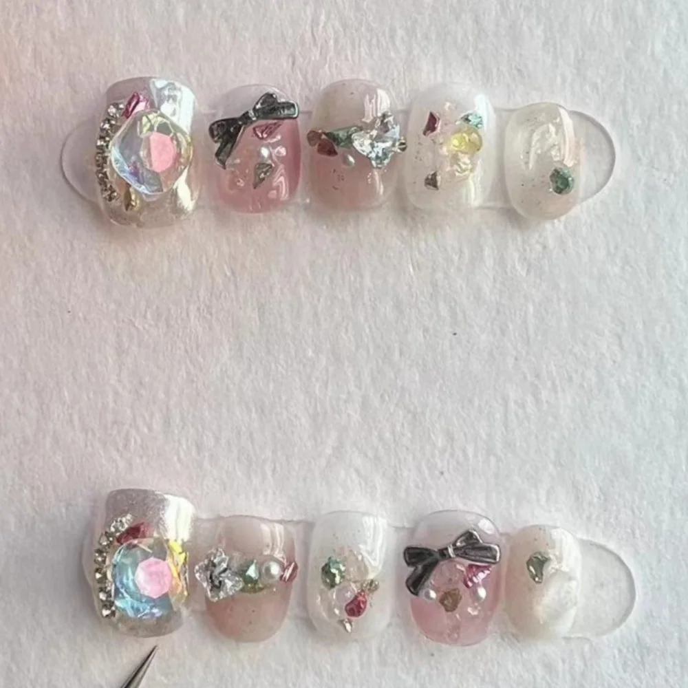 10 قطعة الأظافر اليدوية نصائح عارية عين القط التدرج تصميم أظافر صناعية الفن اللؤلؤ الماس قصيرة مربع وهمية مسمار اضغط على مجموعات الأظافر