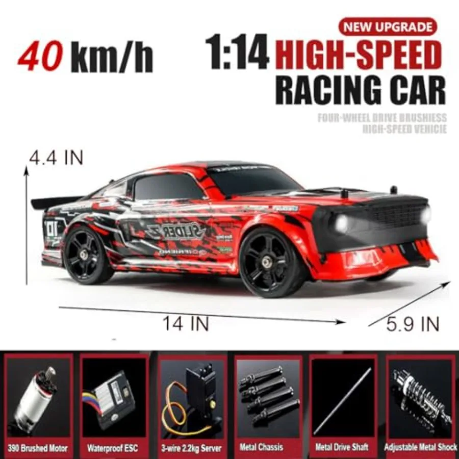 RC Drift Car for off-road use, metal chassis with ball bearings, black color, gyro-stabilized 4WD high-speed drifting at 40 km/