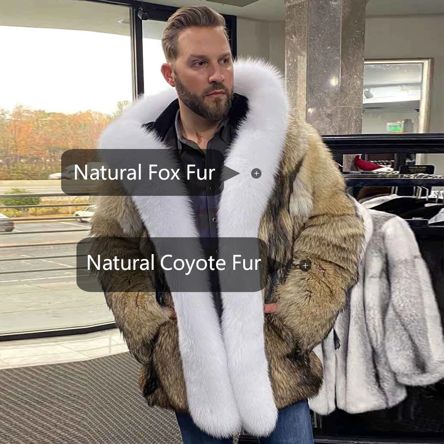 Men Fur Coat Natural Fox Fur Coat White Fur Collar Luxury Winter Men\'s Coat Full Skin Coyote Fur Jacket Warm High Quality