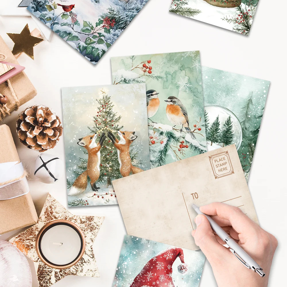 32 Stück Wald-Weihnachtsschneeflocken-Fuchs-Postkarten, günstige Schlafzimmerdekoration, dicker Karton, hochauflösender Druck, Geschenkkollektion – Detail 6