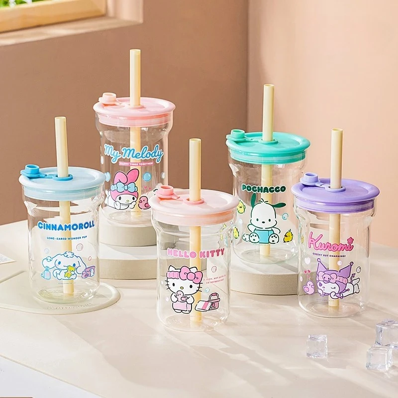 For Sanrio Straw Glass Cups Kawaii for Hello Kitty Printing Clear Water Cup with Lid Home Office Chilled Juice Soda Mug for Girl