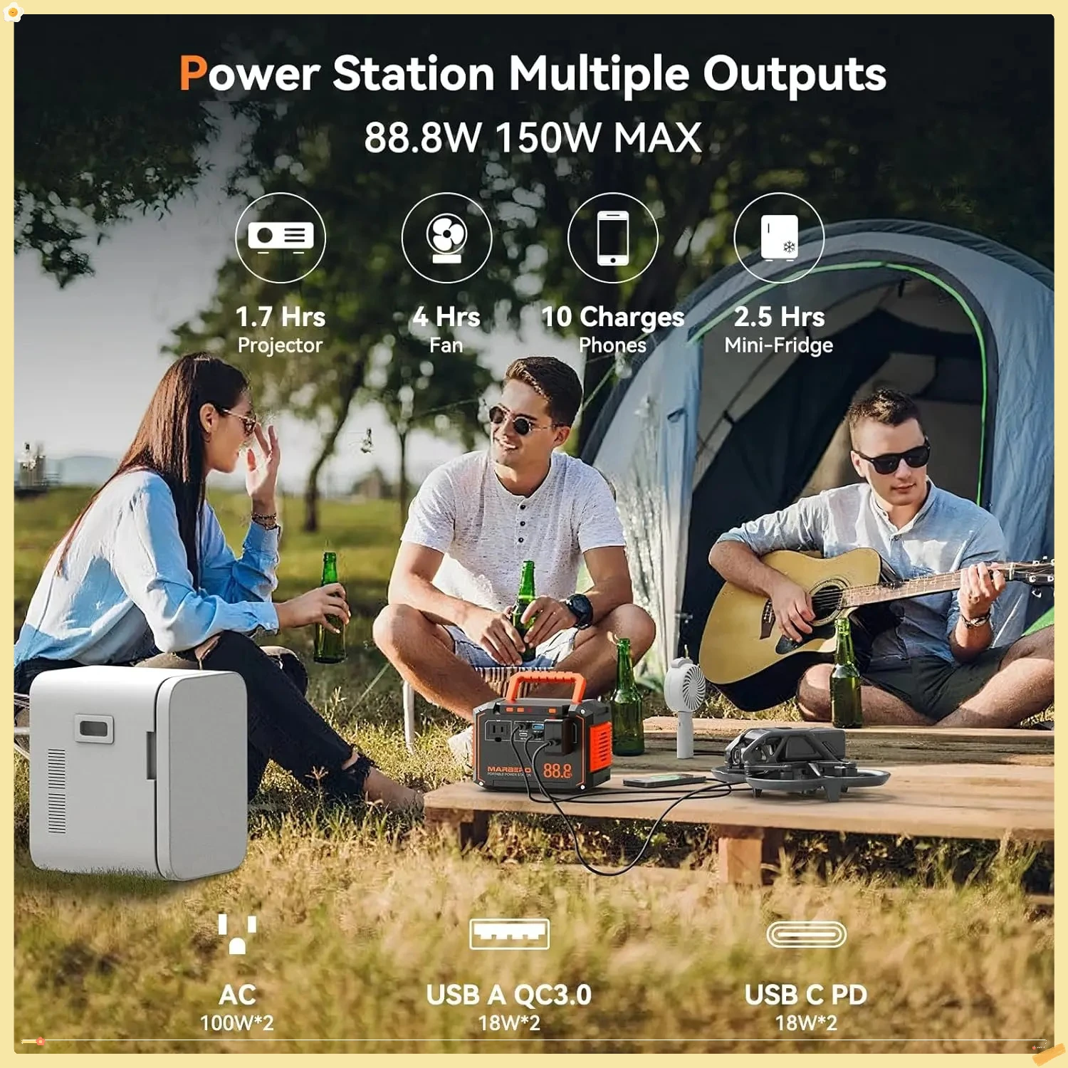 88.8Wh キャンプ用ソーラー発電機、オフグリッド電源用30Wパネル、屋外旅行用AC＆USB付き150Wピーク