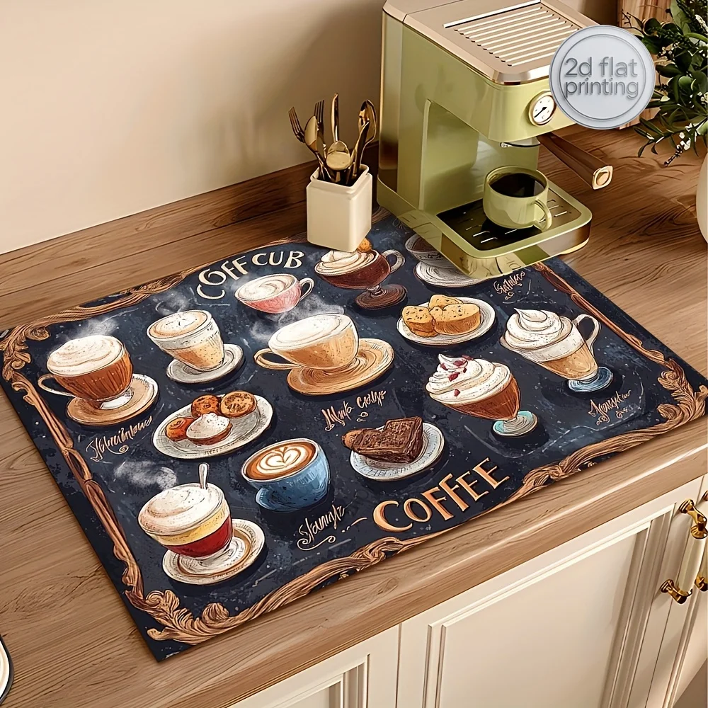 1pc Dish Drying Mat, Coffee Machine Pad, Hand-Painted Style Coffee Cup Print Table Decorative Mat - Soft Diatomite Material, Mul