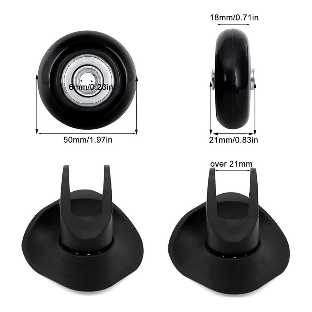 Zestaw 4 kółek zamienne do walizki ABQR, 50 mm z łożyskami 6 mm (0,24 cala), zestawy naprawcze ABEC 608Zz do walizek i wrotek.