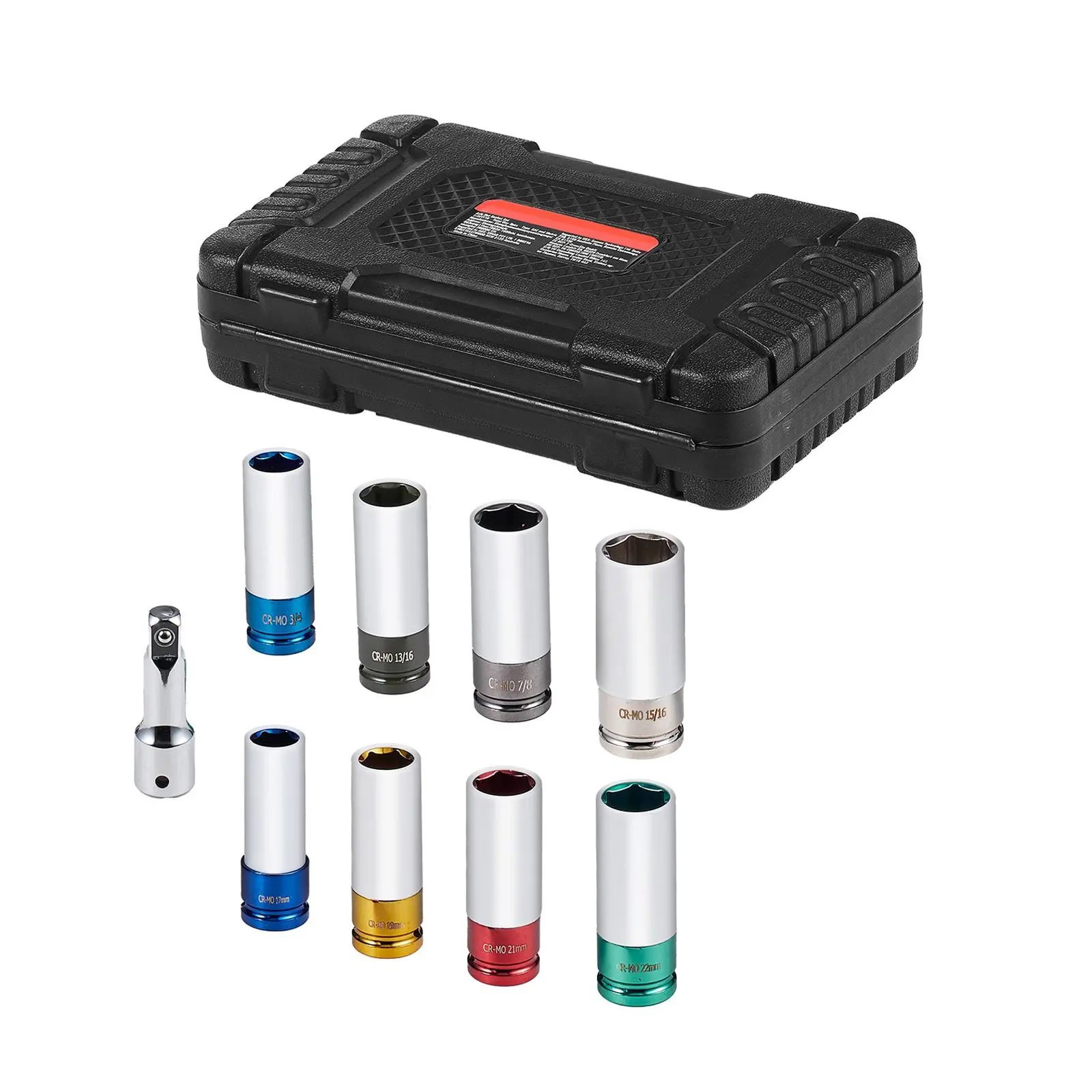 Lug Nut Impact Socket Set, 1/2 inch Drive Metric and SAE 6-Point Deep Socket Set, 8 Total Lug Nut Sizes, CR-MO Steel Wheel Socke
