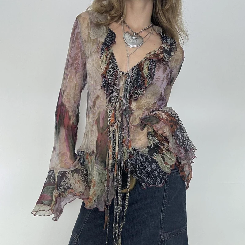 Old Tattered Printed Cardigan with Lace-up Ruffle Edge Flared Sleeve Top