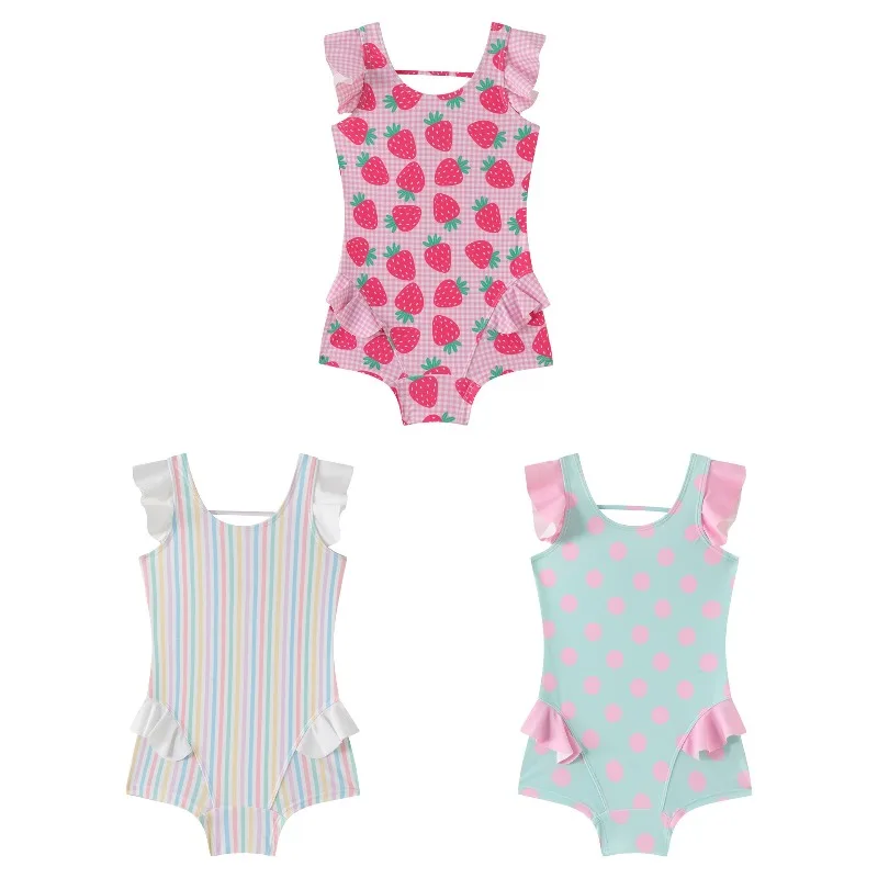 Summer Toddler Girls One Piece Swimsuit INS Style Striped Ruffle Quick Dry Strawberry Cute Kids Bathing Suit Polka Dot Swimwear