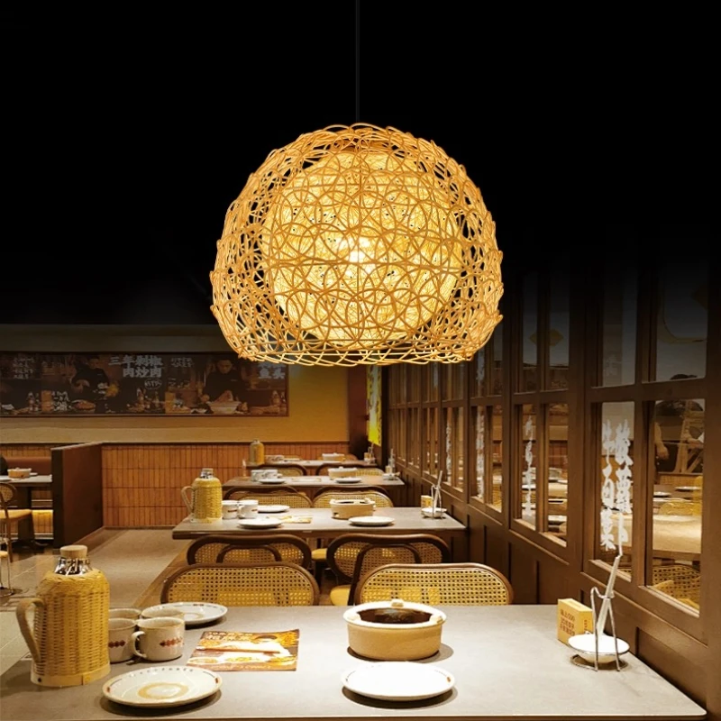 Japanese Retro Hand Knitting Rattan Weaving LED Pendant Lamp Personality Sesame Ball Restaurant Cafe Study Bedroom Hanging Light