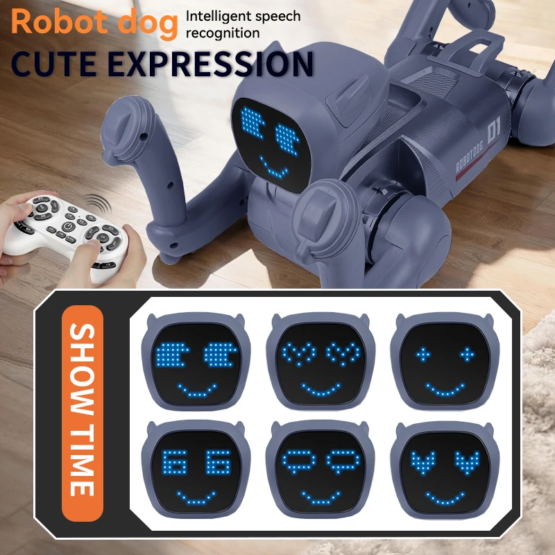 Rc robô cão bonito expressão lâmpada inteligente mecânico cão voz diálogo cão robô brinquedos controle app filhote de cachorro robôs crianças presentes