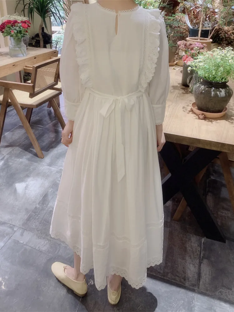 AIGYPTOS Spring Summer White Dress For Women Vintage Elegant Slim Lace Embroidery Long Dress Korean Fashion Holiday Dress Robe