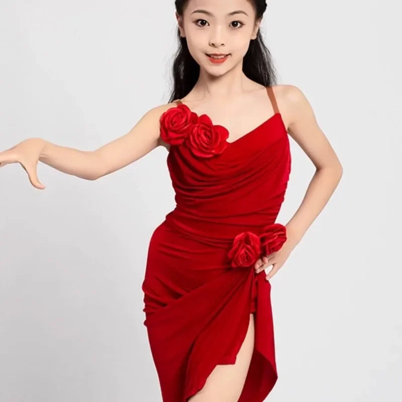 

customized Latin dance costume for girls and children suspender flower jumpsuit long dress for performance training practice set