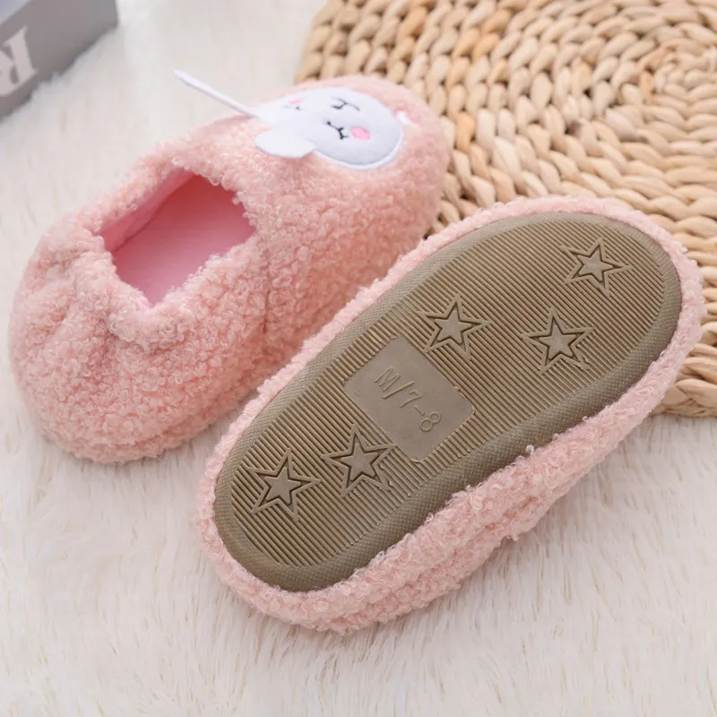 Toddler Girls Slippers for Winter Baby Loafers Plush Warm Cartoon Head Tail Bunny Rubber Sole Children Home Shoes House Footwear