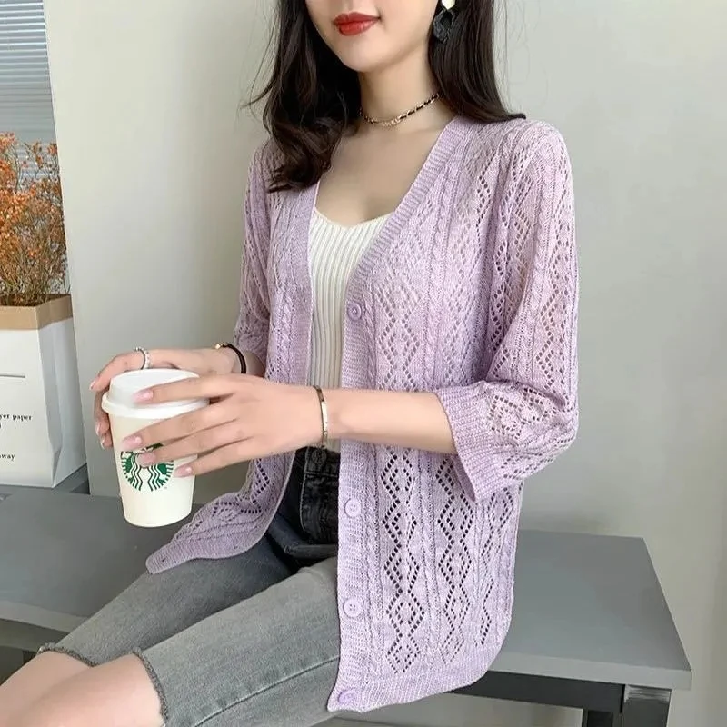 Sunscreen Thin Hollow Out Cardigan Loose V-neck Casual Shawl Summer 3/4 Sleeve Knitted Tops Women Korean Lightweight Coats